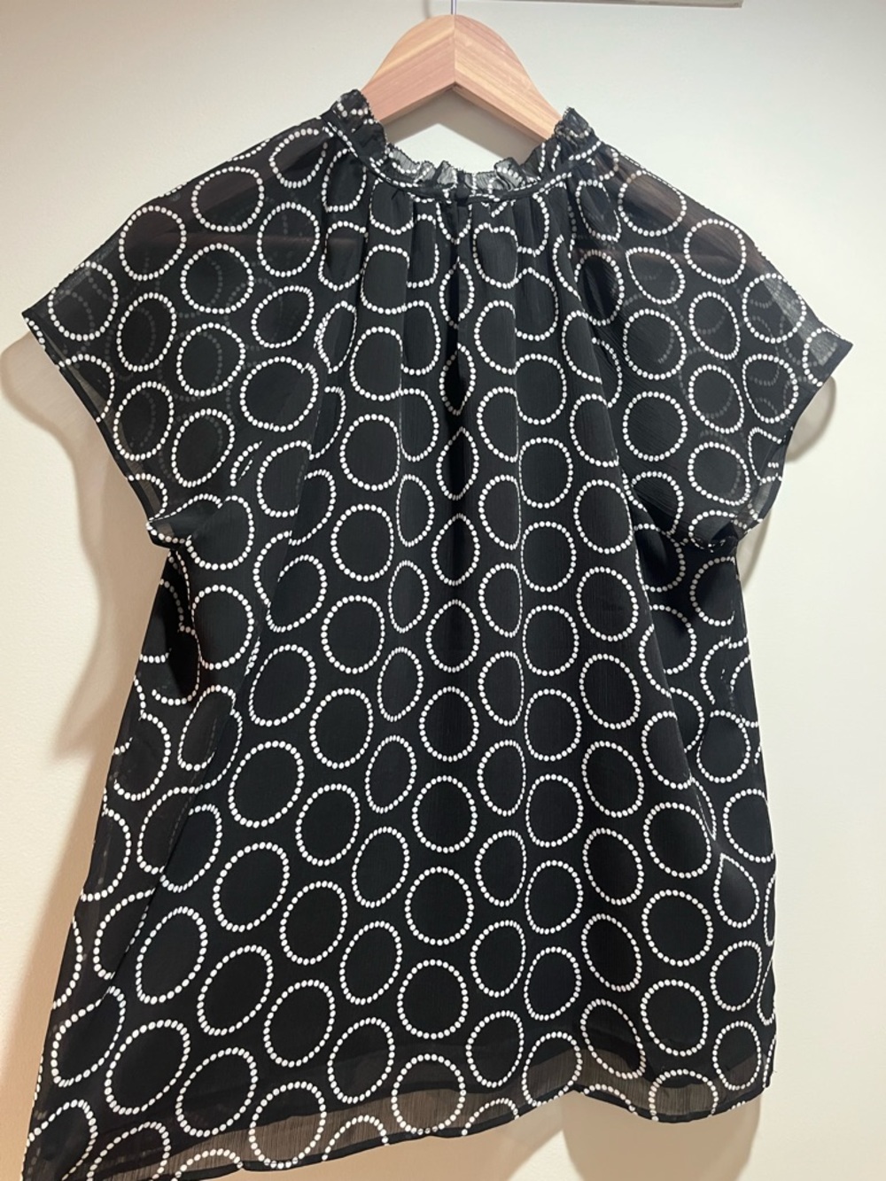 Ann Taylor Black Blouse with White Dot Circle Print